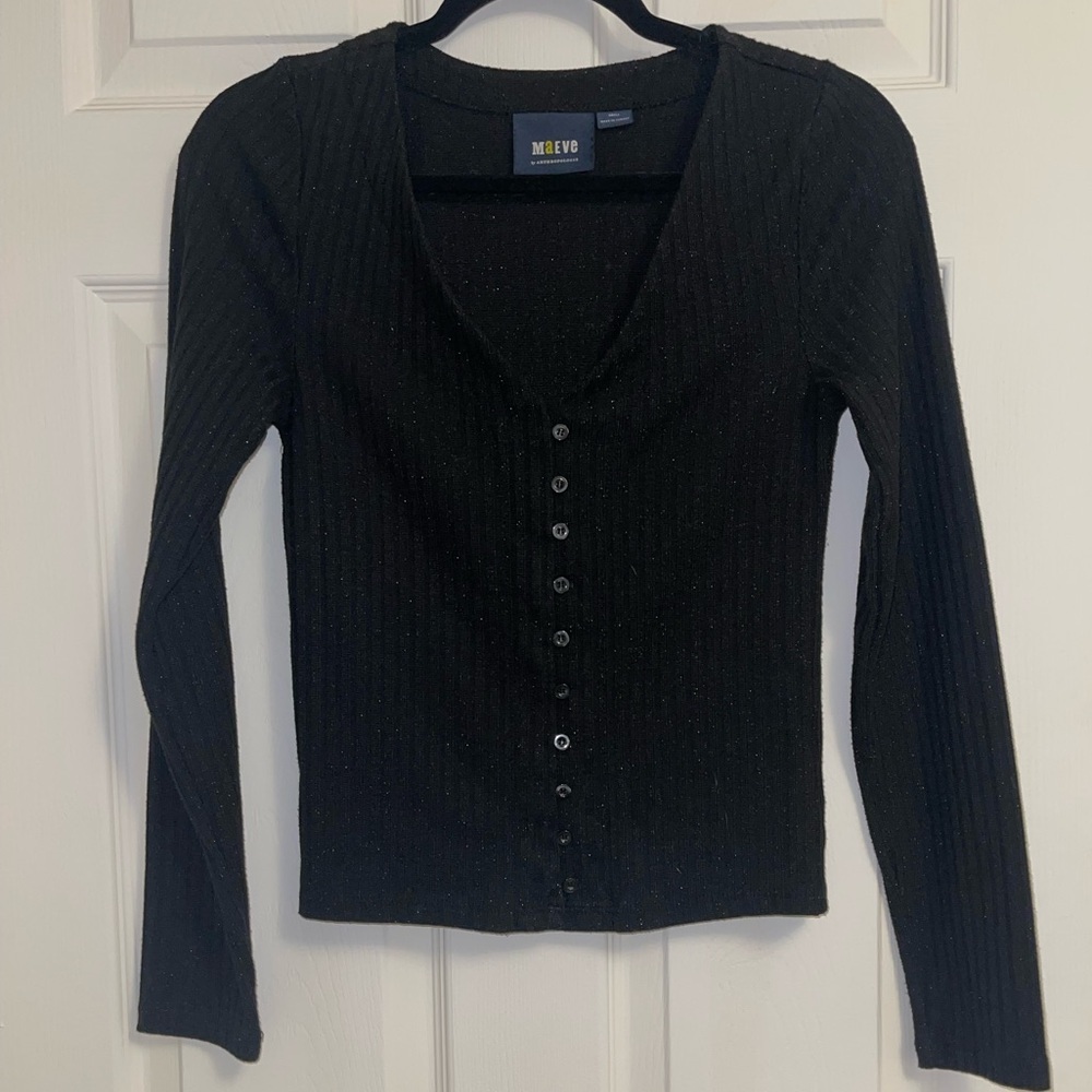 Anthropologie Maeve Black Ribbed Snap Front V-Neck Cardigan Top Womens Small